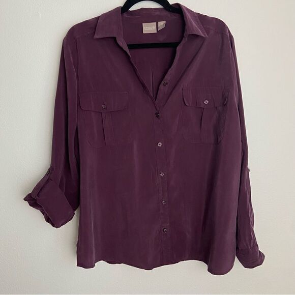 Chico’s Plum Button Down Shirt Long Sleeve with Roll Tab Women’s Size Large - Picture 14 of 14